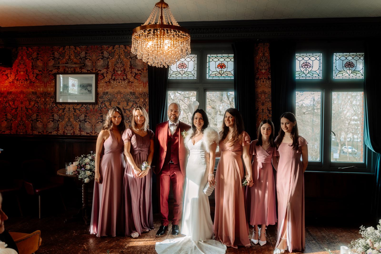 Bride with her bridesmaids in pink